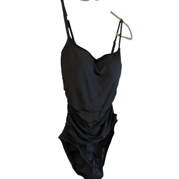La Blanca Island Goddess Rouched One Piece Swimsuit Women’s Size 10 Black UPF 50 - Picture 3 of 6